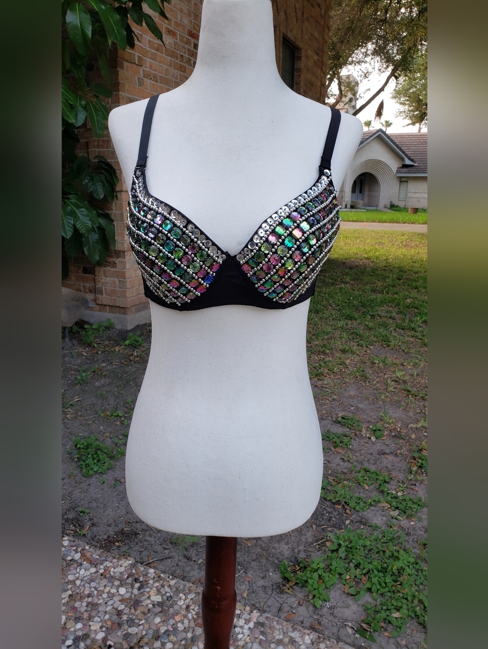 Embellished Black Bra with Multi-Color Gems, LARGE SIZE